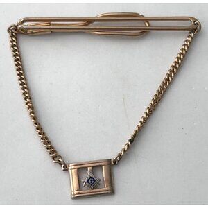 Vintage Swank Masonic Tie Bar Chain Pendant Gold Tone Blue Freemason Symbol